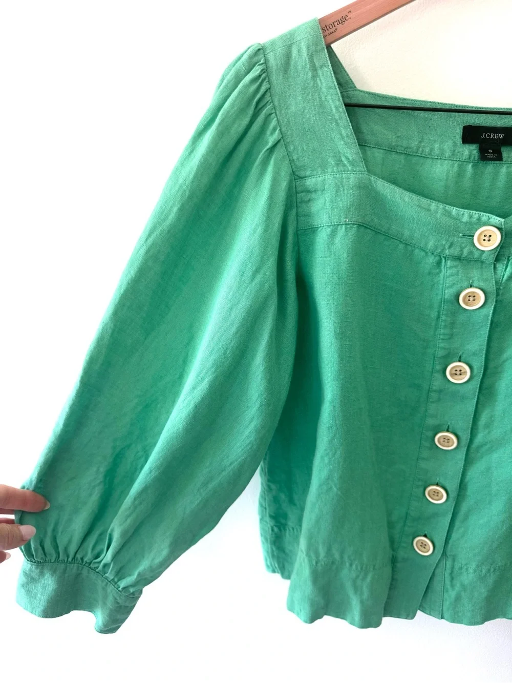 J.Crew 100% Linen Square Neck Button Front Puff Sleeve Blouse Green